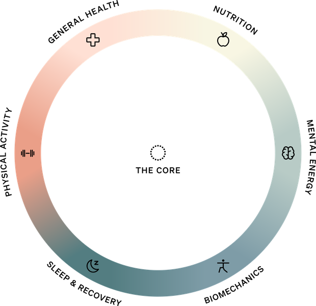 The Circle of Better Life, a Hintsa Performance framework: the Core surrounded by general health, nutrition, mental energy, biomechanics, sleep and recovery, and physical activity