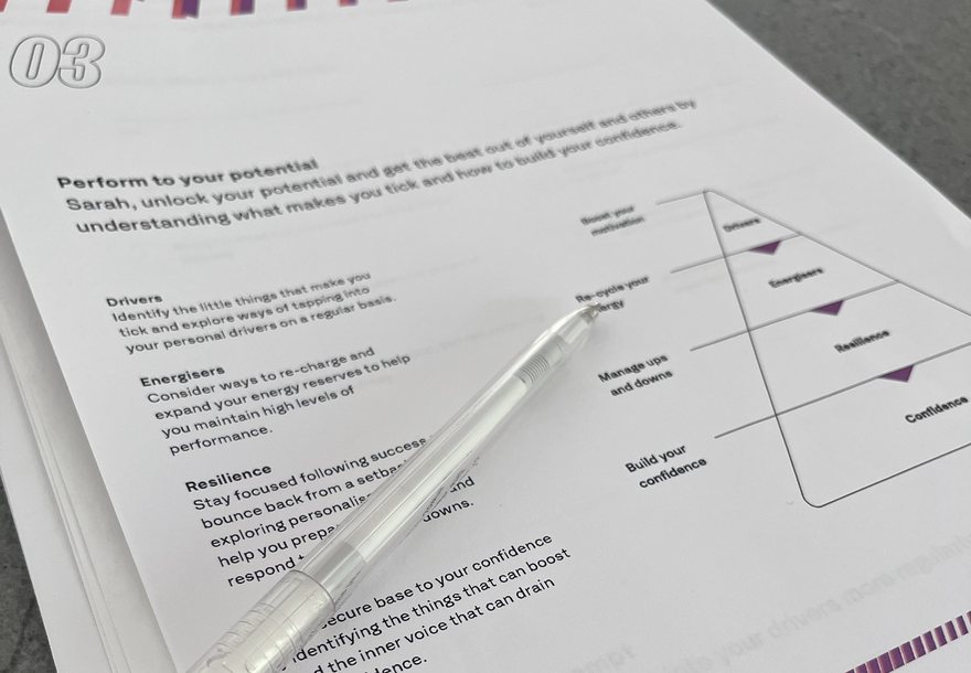 An open Spotlight profile, the Perform section, with a pen resting on the page